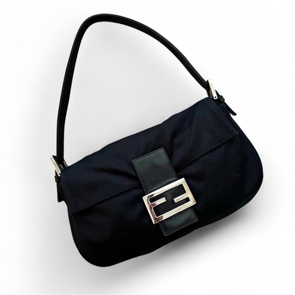Fendi Handbags - Fendi Black Baguette Shoulder Bag with Silver Buckle